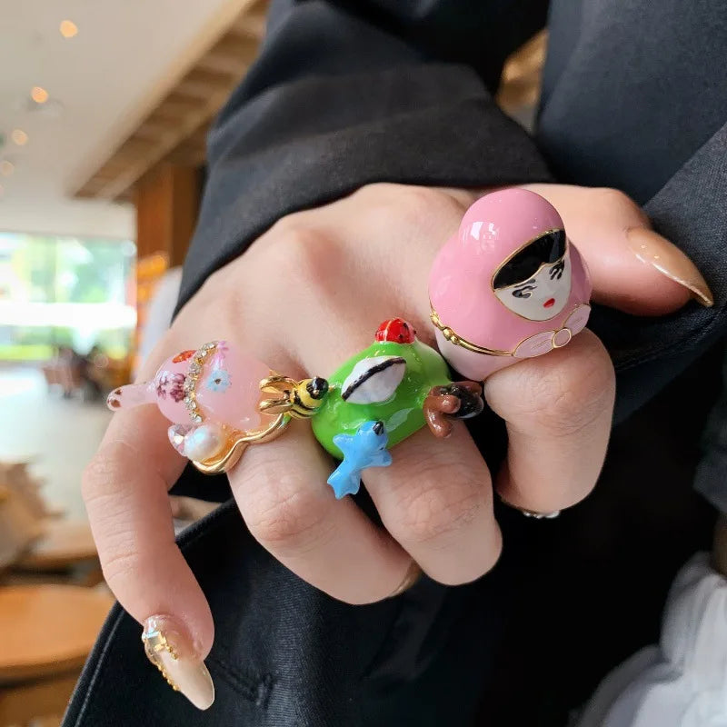 Colorful Enamel Oil Drip Doll Cute Russian Nesting Doll Green Frog Sweet Cool Stacking Ring for Women Girl Creative Jewelry