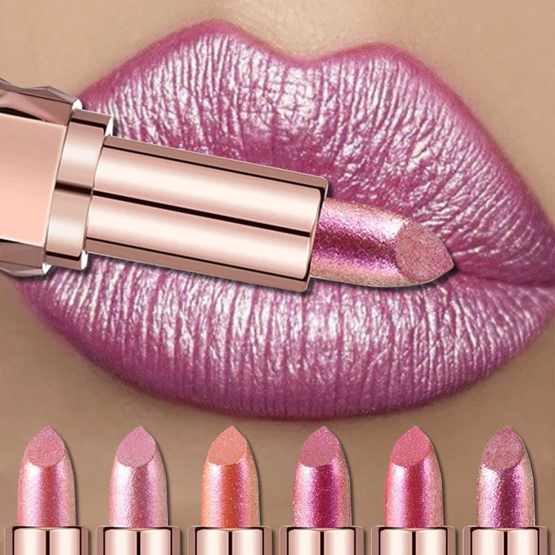 Pink Luxurious Metallic Glitter Lipstick Lasting Waterproof Shimmery Pearl Sparkling Hydrating Lipstick Women Makeup Cosmetic