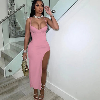 Sexy Spaghetti Strap High Split Party Dress Women Night Sleeveless Backless Slim Bodycon Maxi Dress Elegant Birthday Prom Dress