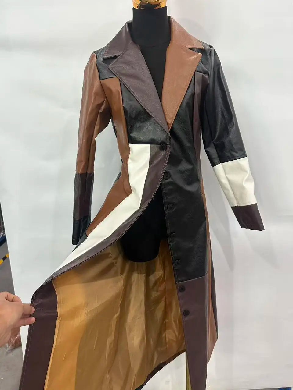 Vintage Style V Neck Long Jackets Fashion Trench Turn-Down Collar Patchwork Single Button Long Sleeve Long Trench Coat for Women