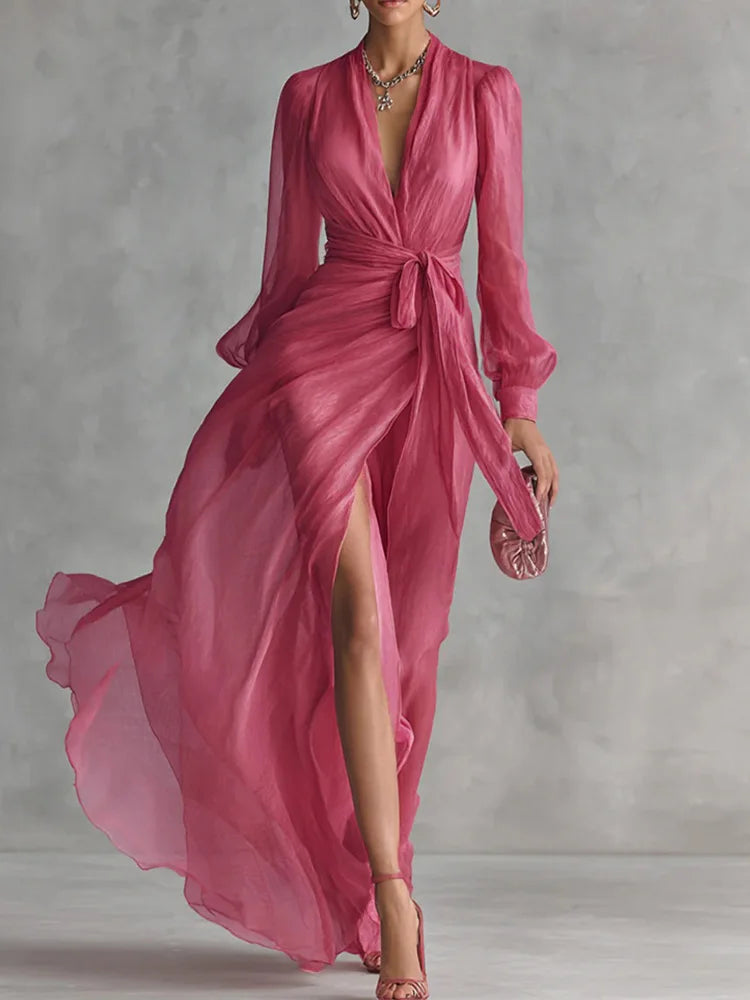 DFCF 2026 New Women Summer Fashion Solid Color V Neck Party Long Dresses Casual Elegant Long Sleeve Lace Up Split Maxi...