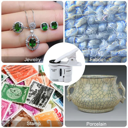 Universal Clip Microscope LED Jewelry Magnifying Glass Focusing Adjusted Pocket Microscope with Cell Phone Clip UV Light 60X