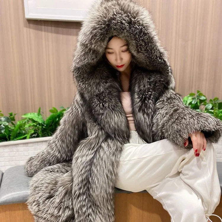 DEAT Fashion Silver Fox Over-knee-length Faux Fur Coat Women's Hooded Loose Plush Jacket Winter New  7A2292