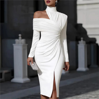 Sexy Off-shoulder Half-high Collar Long-sleeved Women's Hip-covering Banquet Dress Fashion Pleated Slimel Egant Female SlitDress - Kimlud