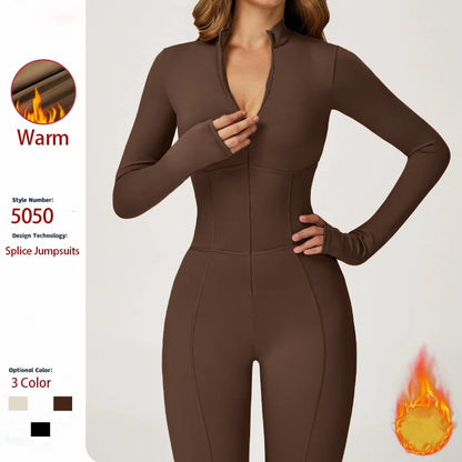 Winter Warm Fleece Sports Jumpsuits Fitness Suits Women's Sportswear Zipper Long Sleeves Tops One-Piece Dance Bodysuit Female - Kimlud