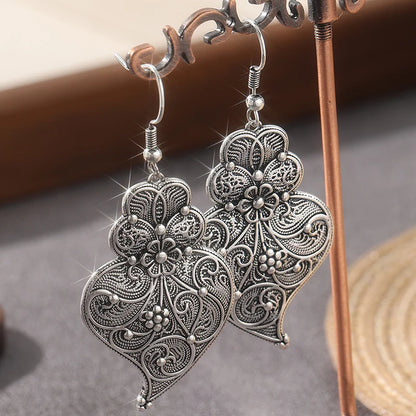 Vintage Bohemian Style Hand Carved Silvery Plated Hook Earrings Women's Elegant Charm Banquet Festival Jewelry...