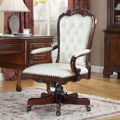 12American Genuine Leather Retro Carved Solid Wood Swivel Chair Office Chair Lift | Kimlud Vintage Luxury Home