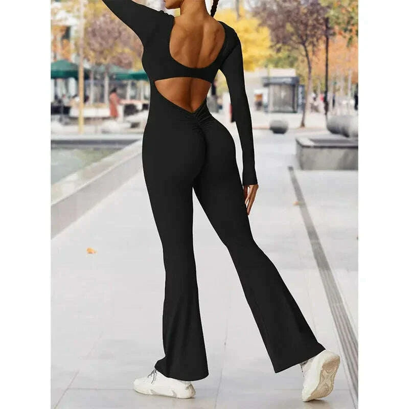 long sleeved jumpsuit U-neck tight and sexy backless jumpsuit for autumn and winter yoga sports and leisure series