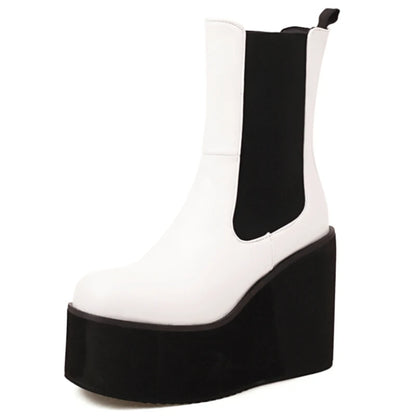 Platform Ankle Boots For Women Shoes Black White Wedges High Heels Gothic Boot Casual Autumn Winter Shoes Female Waterproof