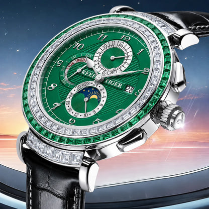Reef Tiger Luxury Men's Automatic Mechanical Watch Green Dial Moon Phase Date Genuine Leather Strap Waterproof Dress...