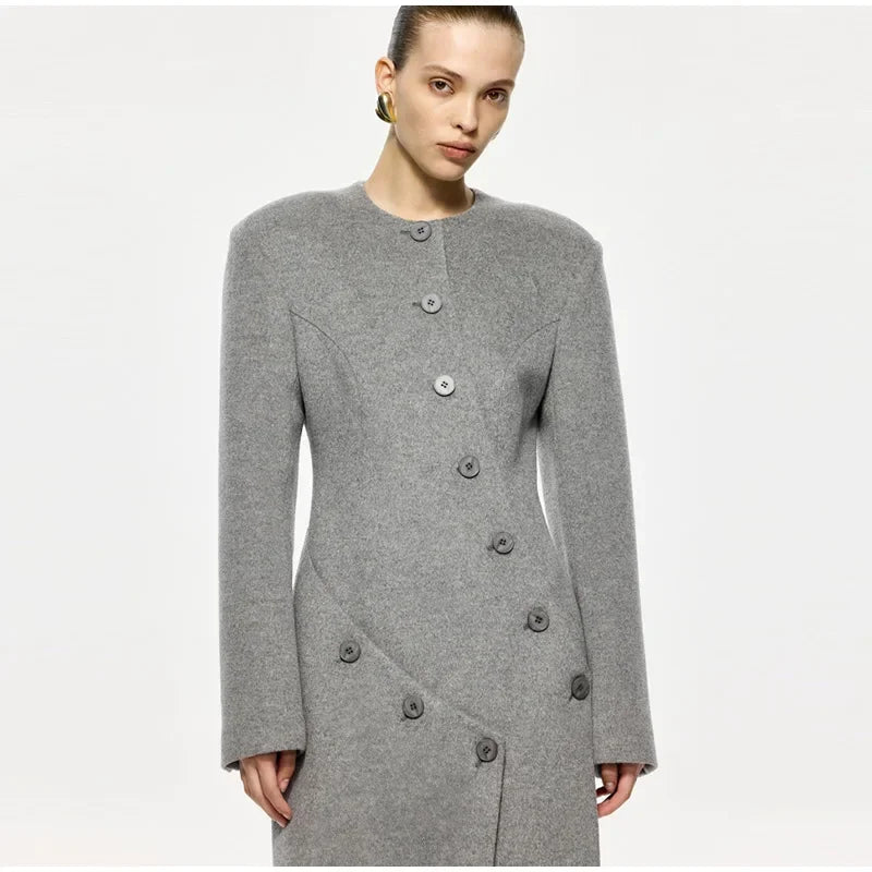 Women's Long Grey Woollen Coat O-neck Full Sleeve Asymmetric Button Design Elegant Silhouette Warm Outerwear 2025 Autumn Coat