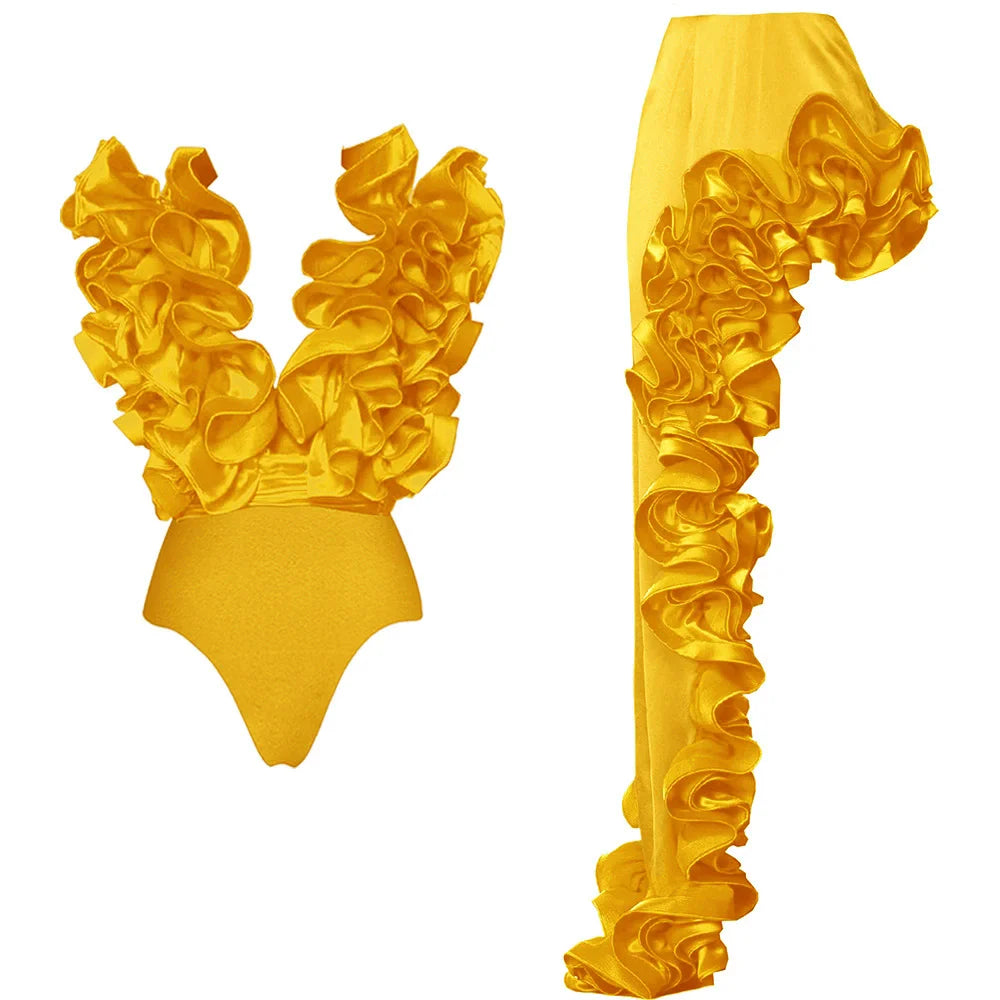 CM.YAYA Women Sets Streetwear 2 Two-piece Suits Sexy Beach Holiday Ruffles Asymmetrical V-neck Bodysuit+Long Skirts Bikinis Sets