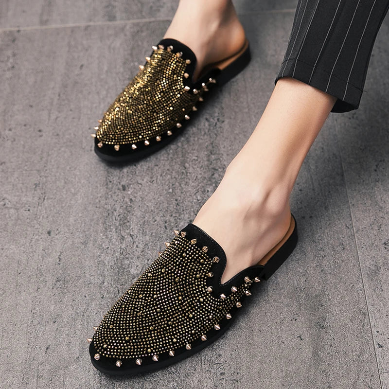 New Gold Hip-hop Rock Punk Rivet Rhinestones Shoes For Men Half Slippers Summer Fashion Casual Mules Moccasins Loafers - Kimlud