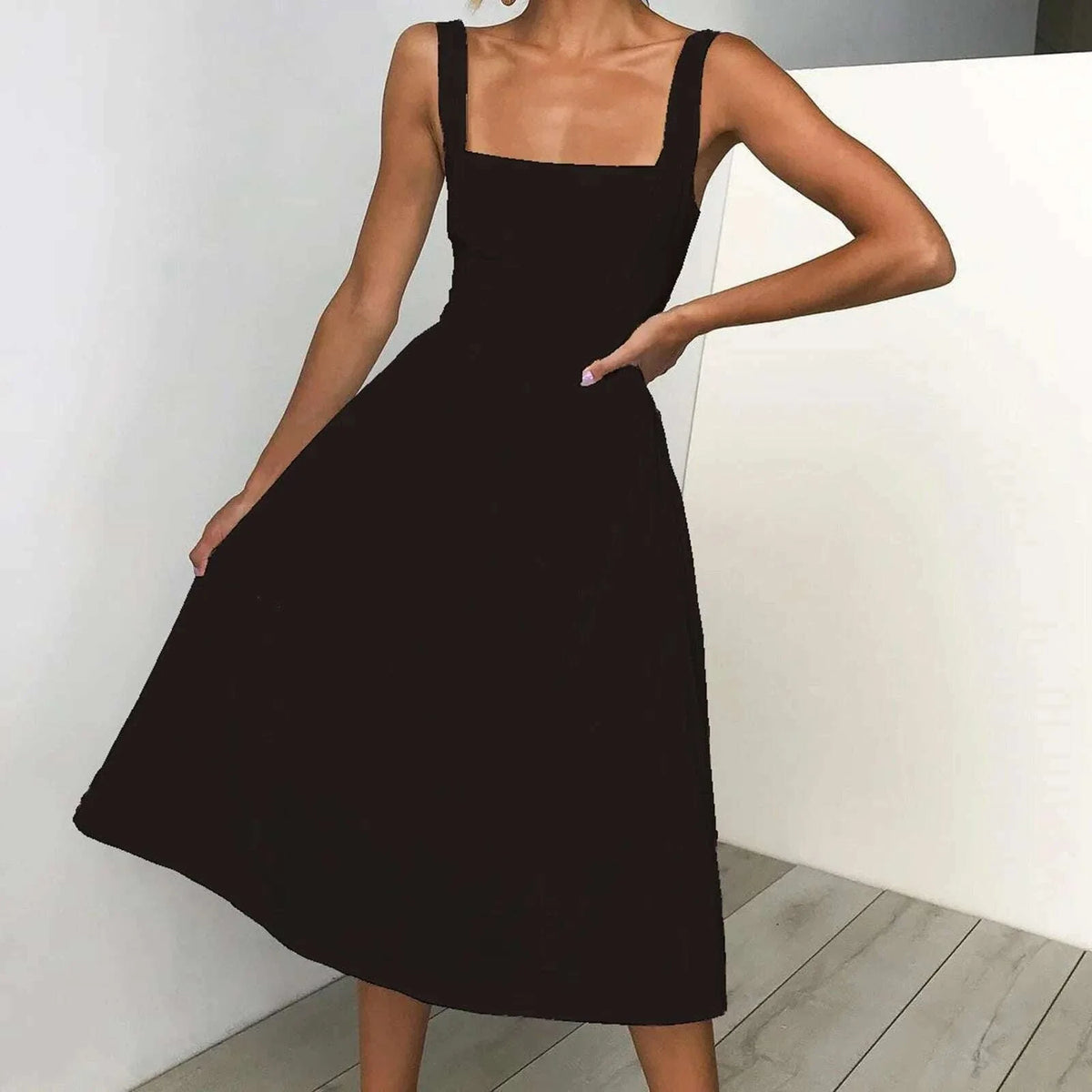 Sexy Square Neck Solid Color Midi Dress Spaghetti Straps Sleeveless Summer Loose Dress Elegant Party Dresses For Women платье