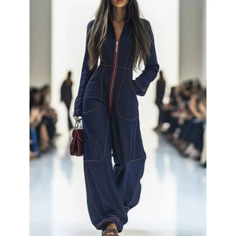 Women's Street Style Denim Jumpsuit 2026 Vintage Contrast Color Zipper Pockets Long Sleeve Wide-leg Long Jumpsuits...