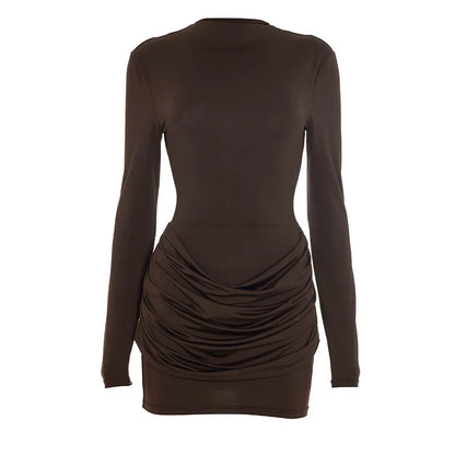 Solid Color Gathered Hip Cover Long Sleeve Dress Women's Spring Summer New Casual Round Neck Dresses For Women Ropa...