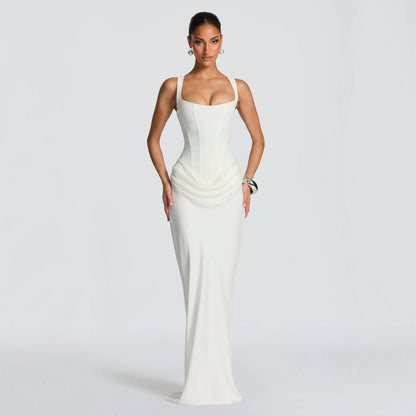 Women's casual long sleeved slim fit fishbone pure desire suspender jumpsuit long skirt slim fit solid color hip hugging dress