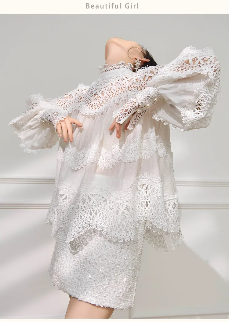 Light Luxury Hollow Print Stand-up Collar Lantern Sleeve Shirt Women French Temperament Fashion Lace Splicing Loose Casual Shirt