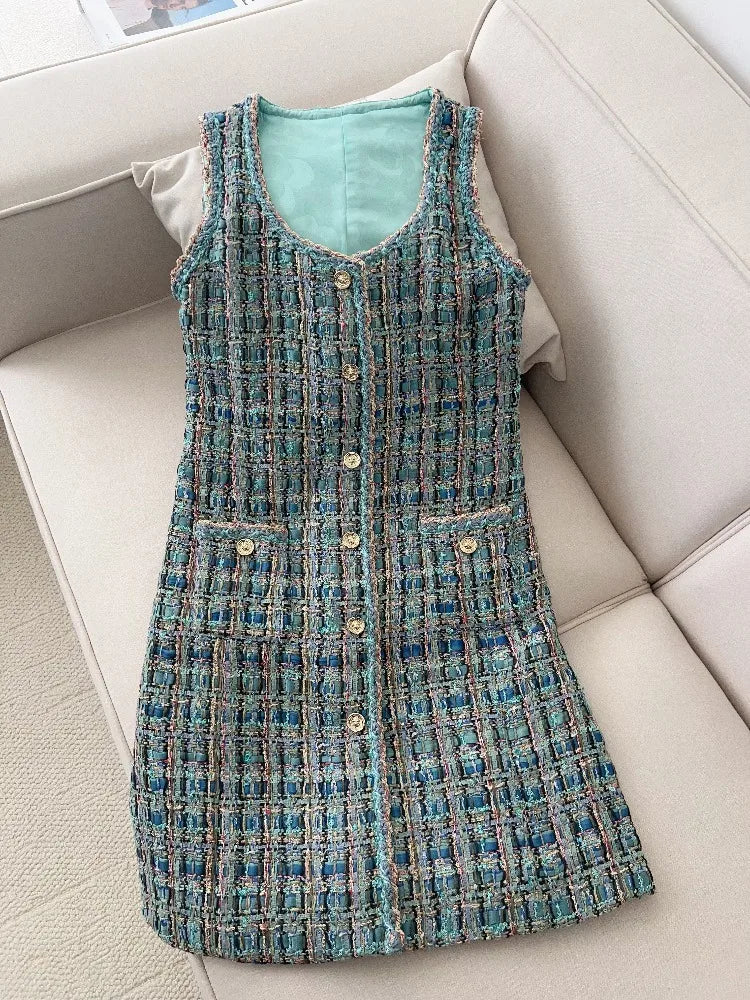 2025 New French Lady Blue Green Tweed round Neck Single Button Small Fragrance Style Jacket Vest Dress Set Casual Suit