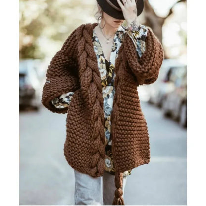 Hand-woven Split Wild Tassels Hook Twist Sweater Coat Crocheted Cardigan Autumn and Winter Thick Long Lantern Sleeve...
