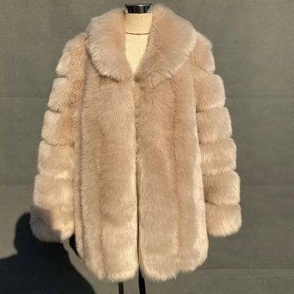 2025 Winter Women's Mid-Length Faux Fox Fur Coat Plush Luxe Warm faux fur Trench Elegant Thermal Outerwear Faux Fur Tops