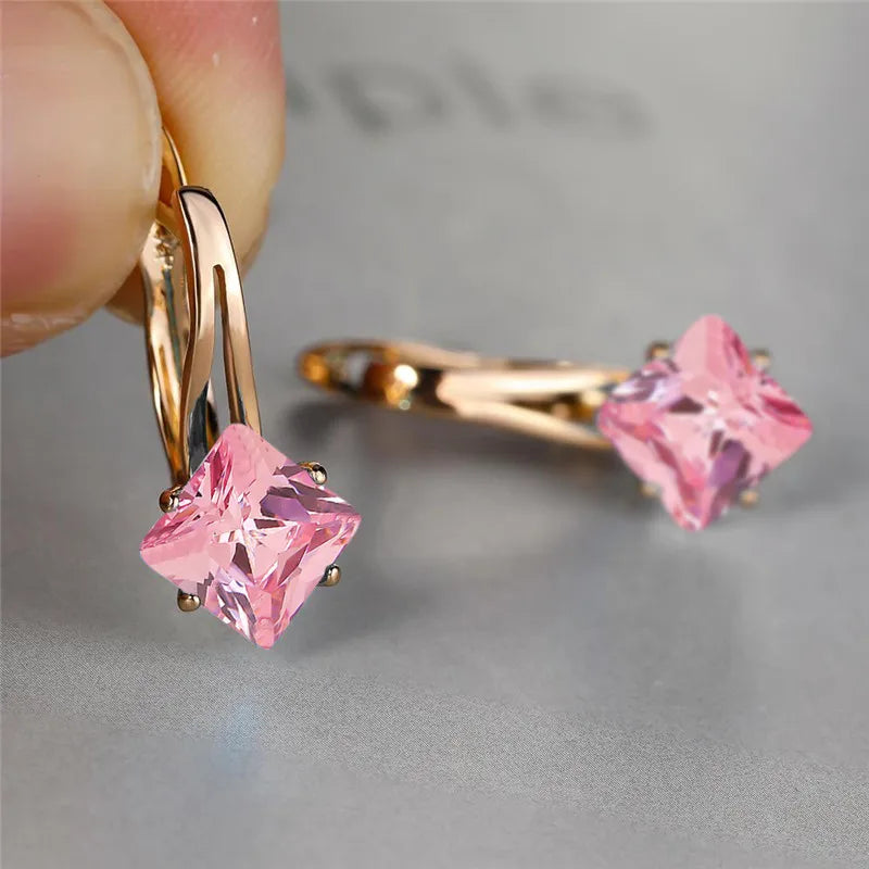 Cute Female Champagne Square Jewelry Luxury Crystal Zircon Stone Hoop Earring Rose Gold Color Wedding Earrings For Women