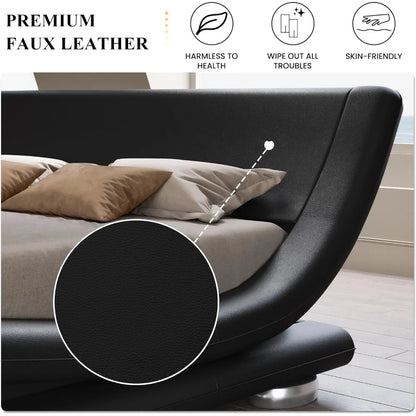 Queen Size Bed Frame with Faux Leather Ergonomics Headboard, No Box Spring Needed & Easy Assembly, Queen Size Bed Frame