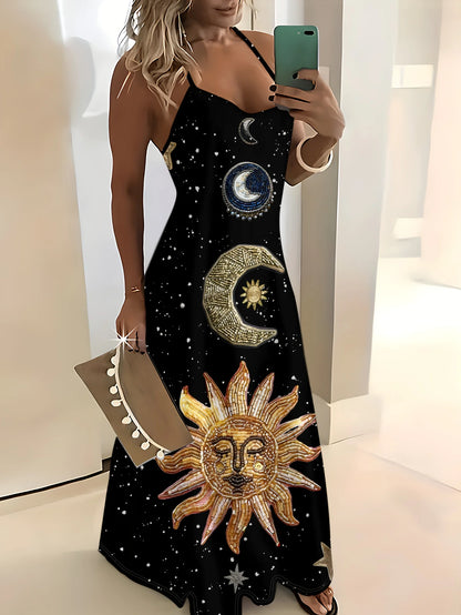 Retro Astral Print Slip Dress with Moon Sun Star Pattern Round Neck Sleeveless Summer Maxi Dress for Women Casual Beach Party - Kimlud