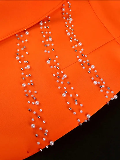 Orange Midi Party Dresses for Women O Neck Beaded Lace Long Sleeve Patchwork Slim Fit High Waist Evening Event Gowns Dress