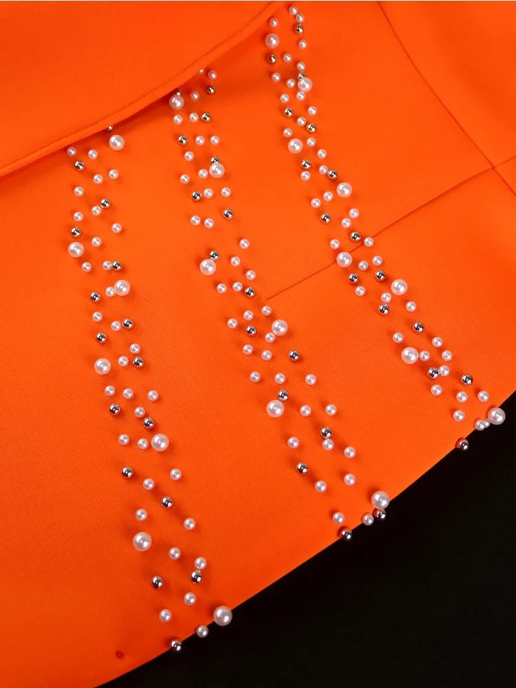 Orange Midi Party Dresses for Women O Neck Beaded Lace Long Sleeve Patchwork Slim Fit High Waist Evening Event Gowns Dress