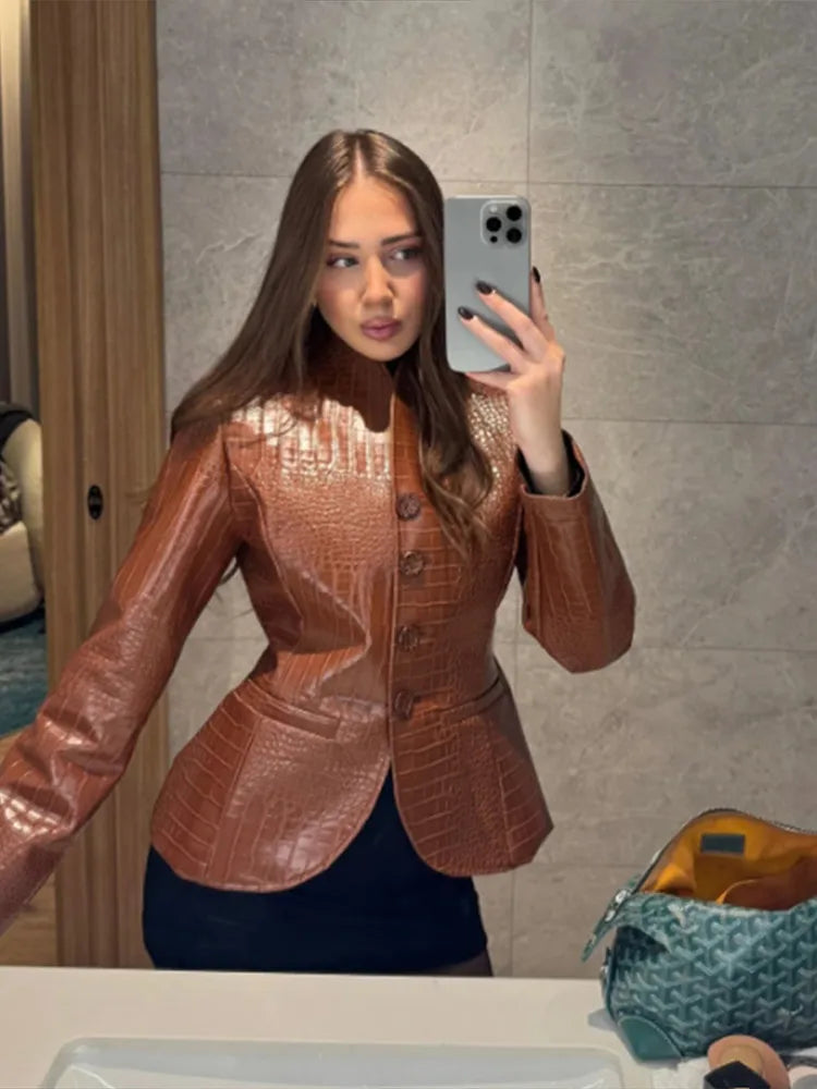 2026 Autumn Women Embossed Faux Leather Jacket Stand Collar Open Front Slim Fitted Waist Vintage Street Party Outerwear...