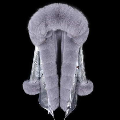 Maomaokong Winter Women Luxur Beige Fur Coat Natural Real Fox Fur Waterproof Jacket Hooded Thick Warm Fashion Long Black Parkas