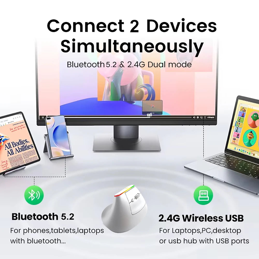 RGB Vertical Mouse 2.4G Wireless Mouse Dual Mode Bluetooth Mouse Ergonomic Mouse Rechargeable Mice Silent Mouse for PC Laptop