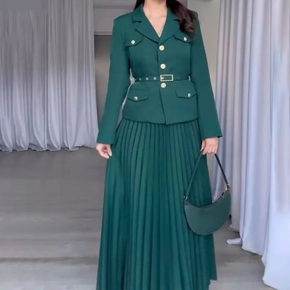Elegant Women Two Pieces Set Single-breasted Lapel Jacket Coat Belt Pleated Midi Skirt Suit 2025 office Lady New In Matching Set