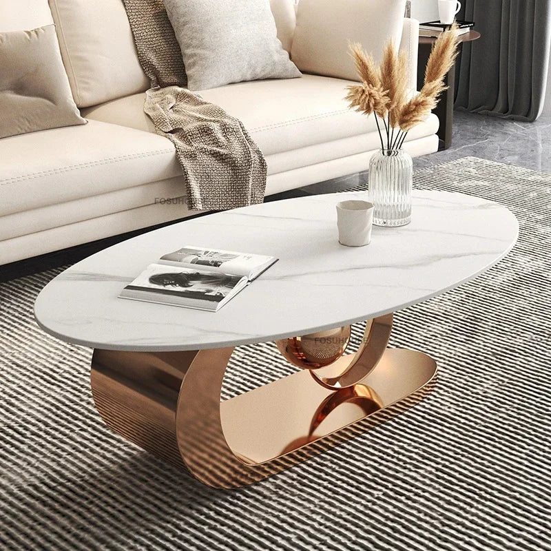 Italian Rock Plate Coffee Tables Living Room Luxury Oval Side Table Creative Wrought Iron Center Table Set Nordic Home...