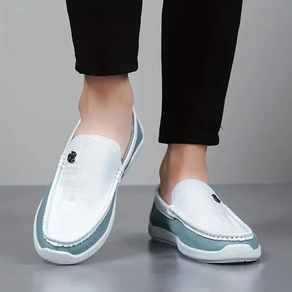 Men's Business Casual Slip-On Loafers White Blue Color Block Comfortable Driving Lightweight Daily Commute Friendly Shoes