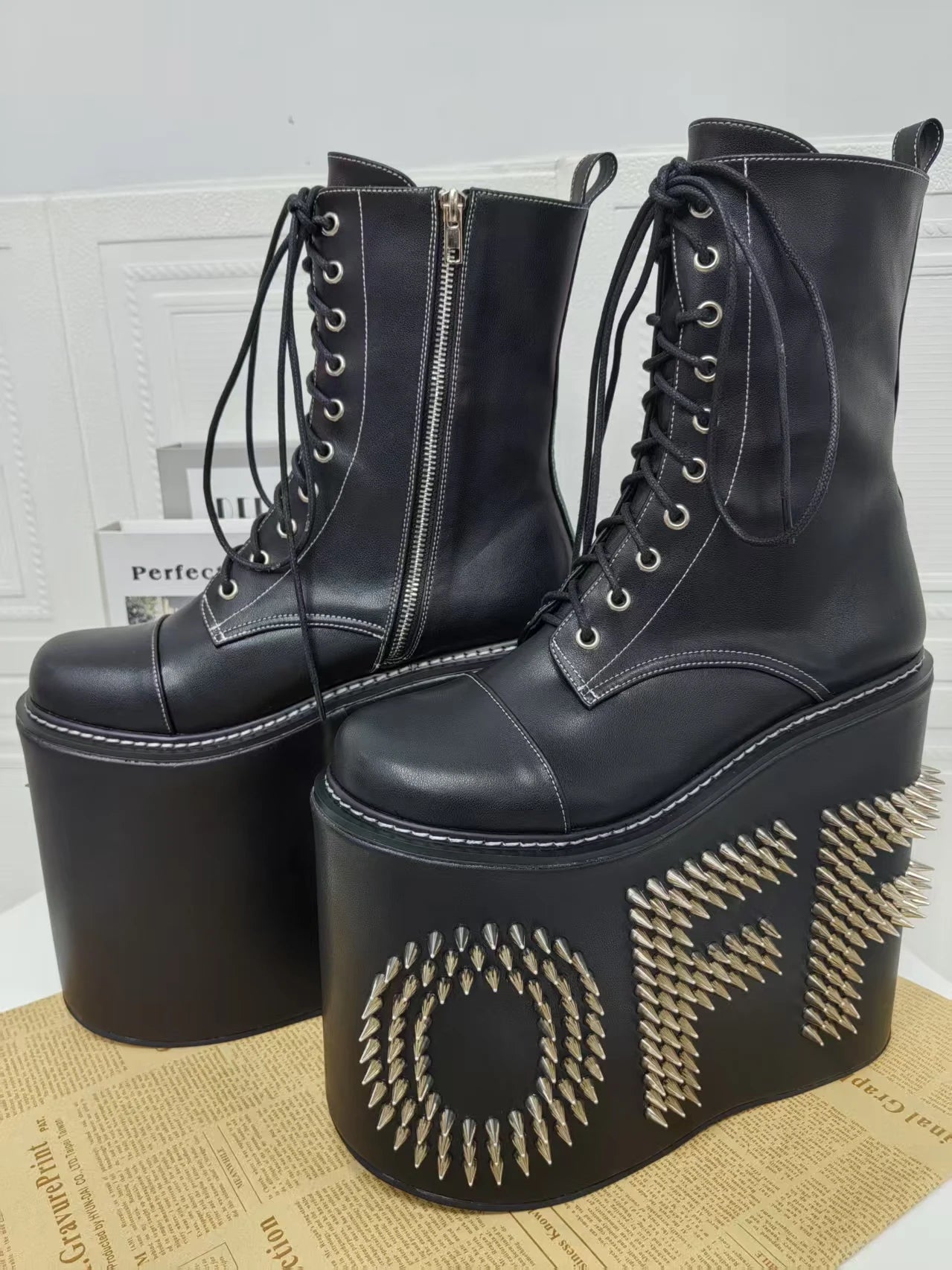 Women Motorcycle Boots women super high thick Heels pumps Cool Lady knight customized boots girl punk Gothic long boots rivets