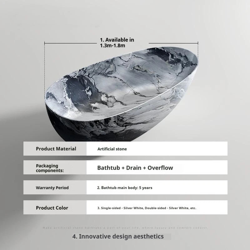 Luxury marble-patterned freestanding bathtub, oval-shaped artificial stone soaking tub, suitable for hotels and villas.
