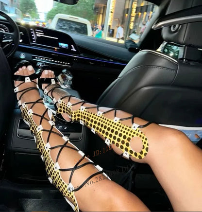 Strappy Polka Dot Thick Platform Thin High Heel Sandals Women Sexy Cross Tied Lace Up Mixed Colors Women Summer Knee...