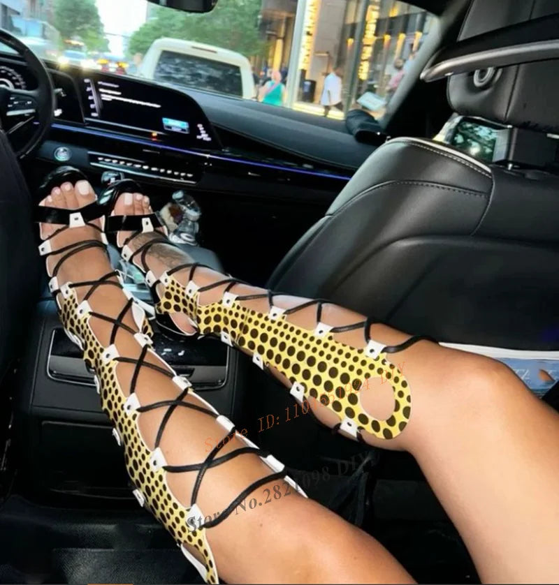 Strappy Polka Dot Thick Platform Thin High Heel Sandals Women Sexy Cross Tied Lace Up Mixed Colors Women Summer Knee...