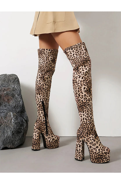 Plus Size High Platform Super Thick Heel Leopard Print Velvet Over The Knee Boots Roman Style Winter Sexy Long Boots