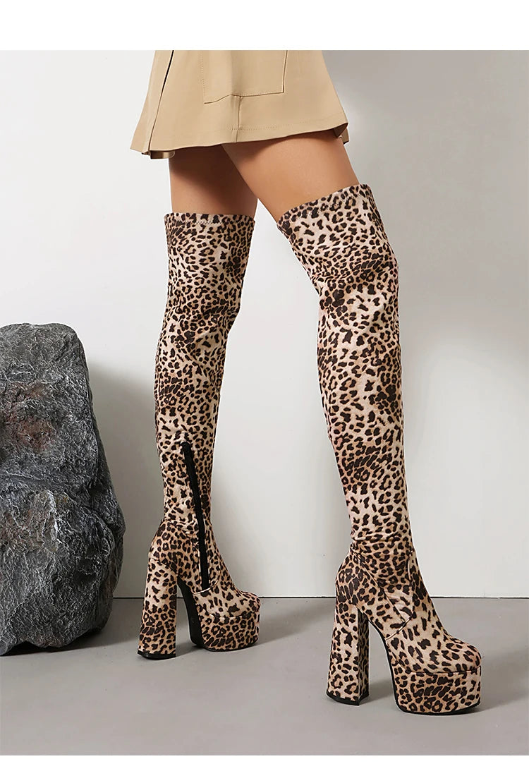 Plus Size High Platform Super Thick Heel Leopard Print Velvet Over The Knee Boots Roman Style Winter Sexy Long Boots