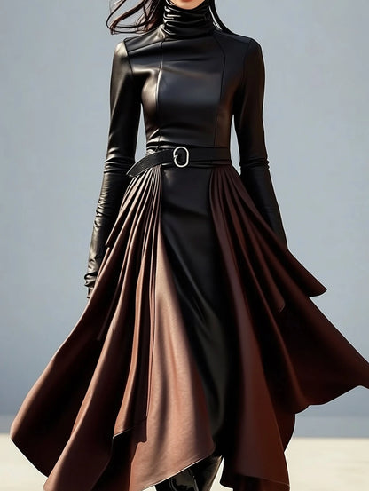 New Style One Piece Dress High Neck Irregular Hem Belt Faux PU Leather Midi Dress Women Slim Fit High-End Fashion Party Wear
