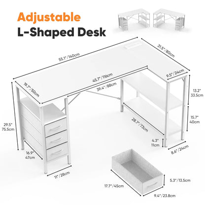 JHK L Shaped Desk with Shelf Drawers 55 Inch Corner Computer Desks Gaming with Power Outlet Adjustable Shelves Home Office Table