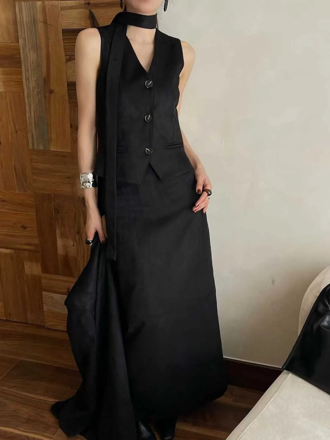 KWTX 2025 Women's 3 Pcs Suit Set Spring Fall V-Neck Blazer Single Breasted Vest Ribbon Tie Skirt Solid Color Elegant Retro