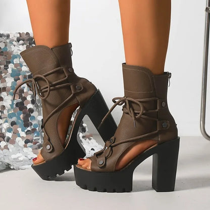 Women's Platform High Heel Ankle Boots Open Toe Lace Up Sandals Textured Finish Chunky Block Heel Zipper Closure Fashion...