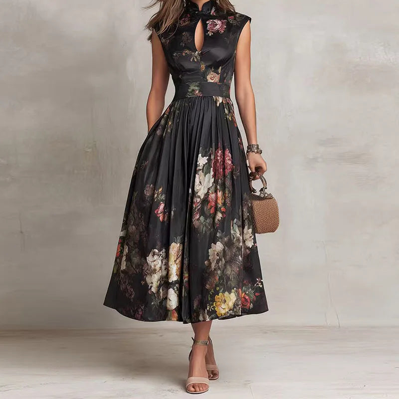 Summer Hot Sleeveless Hollow Evening Dress Woman Mandarin Collar High Waist Pleated Dress Spring Floral Print Satin Long Dresses - Kimlud