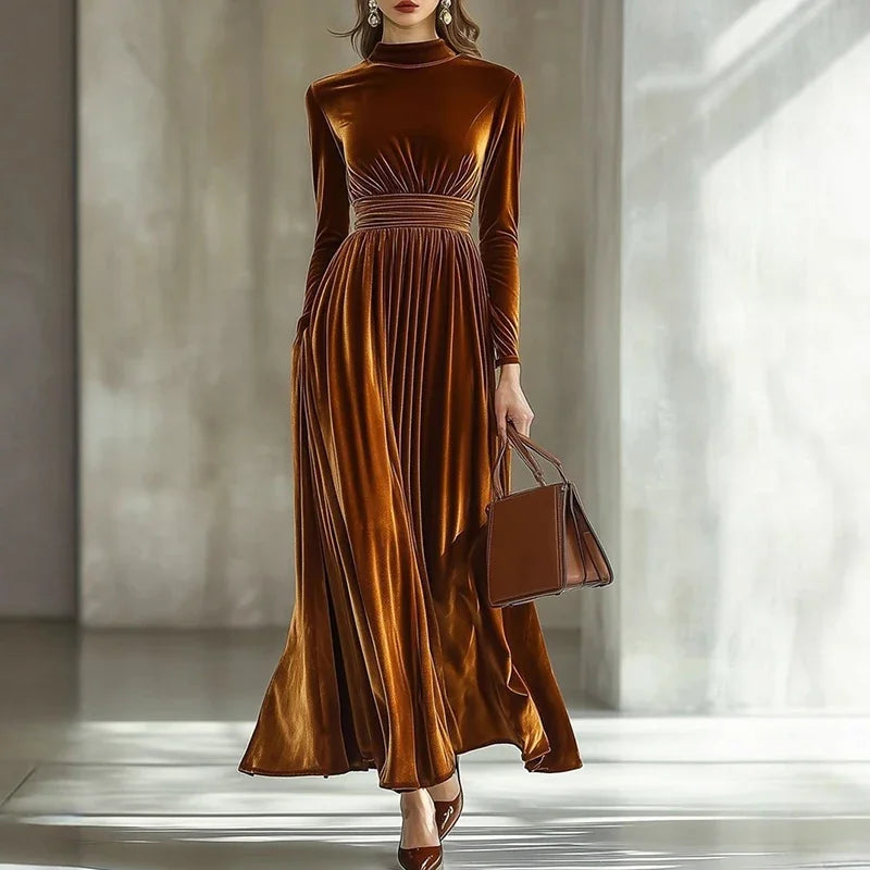 New Autumn Winter Half High Collar Long Sleeve A-Line Maxi Dresses Women Fashion Velvet Party Long Dress Christmas Evening Dress - Kimlud
