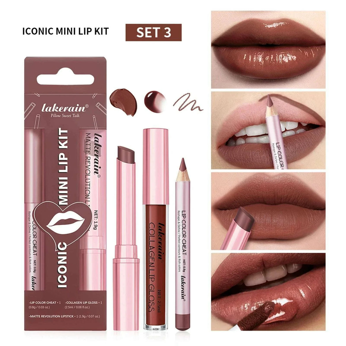 3pcs Lip Makeup Set Lip Liner Lip Gloss Lipstick Mirror Effect Beep Lips High Color Long-lasting Hydrates Travel Mini Set