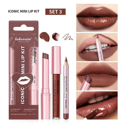 3pcs Lip Makeup Set Lip Liner Lip Gloss Lipstick Mirror Effect Beep Lips High Color Long-lasting Hydrates Travel Mini Set